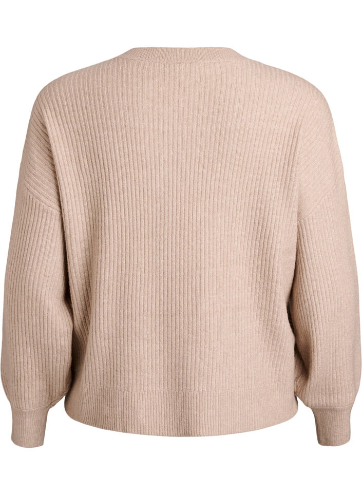 Ribbineuloksesta valmistettu neuletakki napeilla, Beige, Packshot image number 1