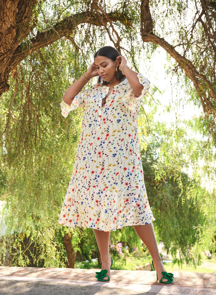 Kukkakuvioinen midi-mekko 3/4-pituisilla hihoilla, Sininen, Image image number 0