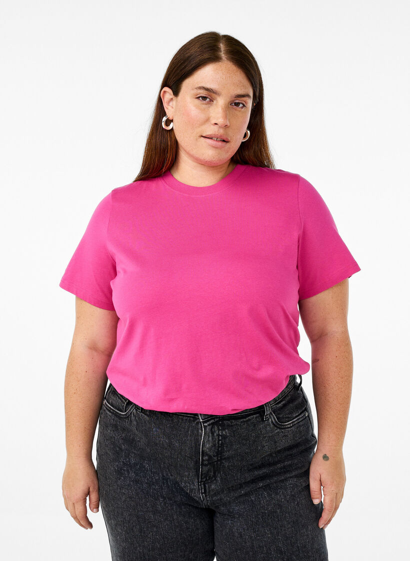 Puuvillainen perus-T-paita, jossa on py&ouml;re&auml; kaula-aukko, Vaaleanpunainen, Model image number 0
