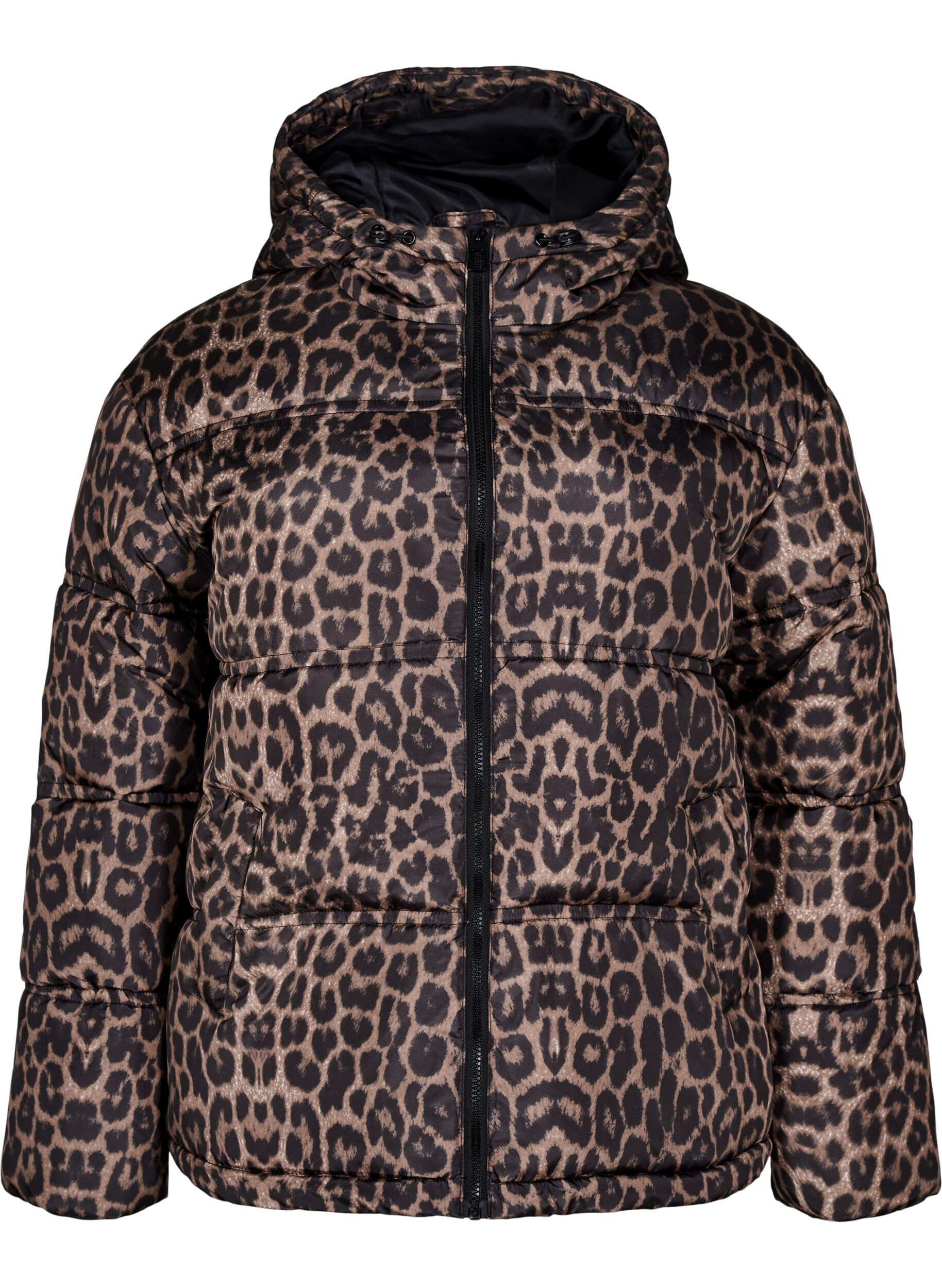 Lyhyt puffer-takki hupulla ja kaksisuuntaisella vetoketjulla