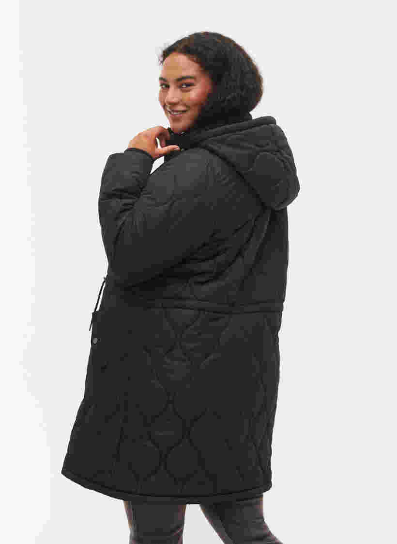 Tikattu lämpötakki fleecevuorella ja irrotettavalla hupulla, Black, Model image number 1