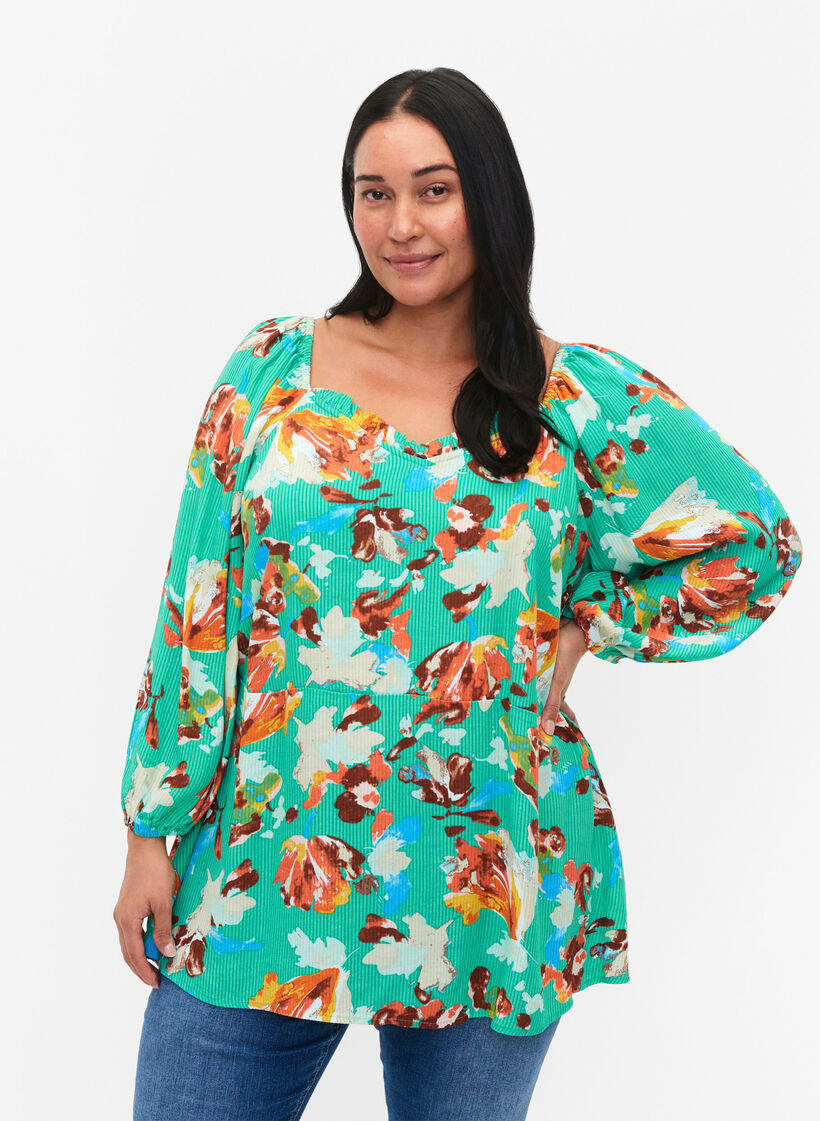 Viskoosipusero kuosilla ja 3/4-hihoilla, Vihreä, Model image number 0