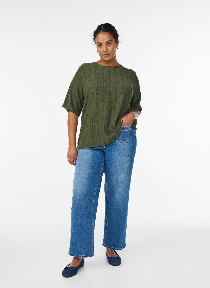 Pusero teksturoidulla kuviolla ja lyhyillä hihoilla, Vihreä, Model image number 1