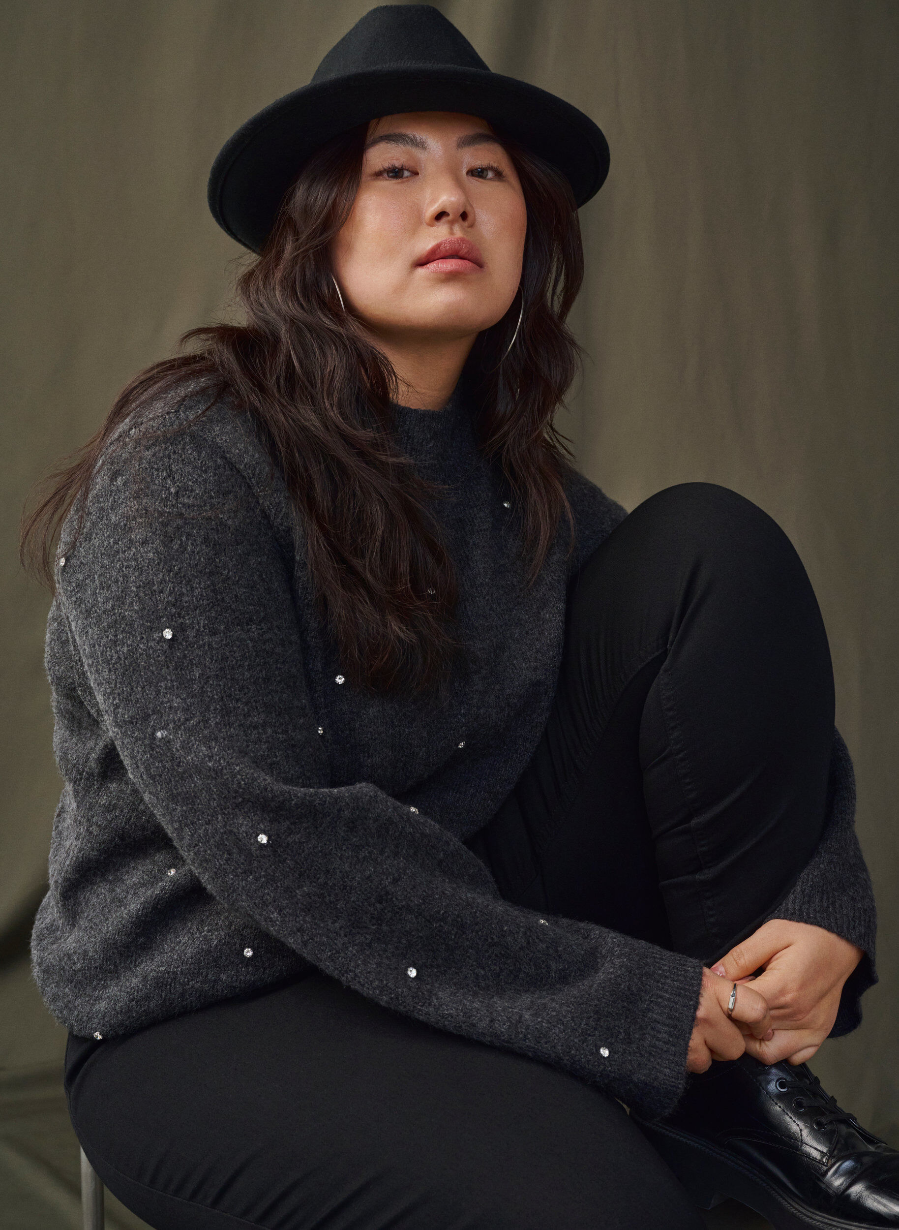 Zizzi Neulepusero strasseilla ja korkealla p&auml;&auml;ntiell&auml;, Dark Grey Melange, Image image number 0