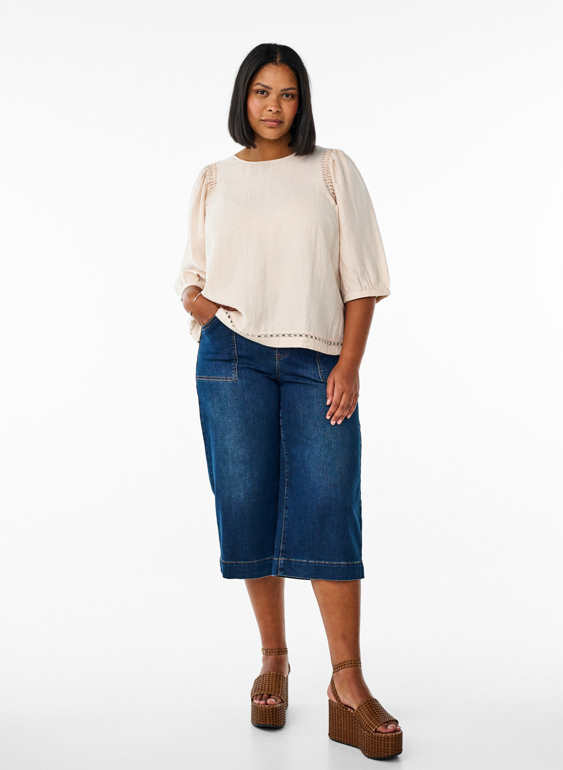 Zizzi Viskoosiseospusero pellavalla ja rypytetyill&auml; olkap&auml;ill&auml;, Oranssi, Model image number 1