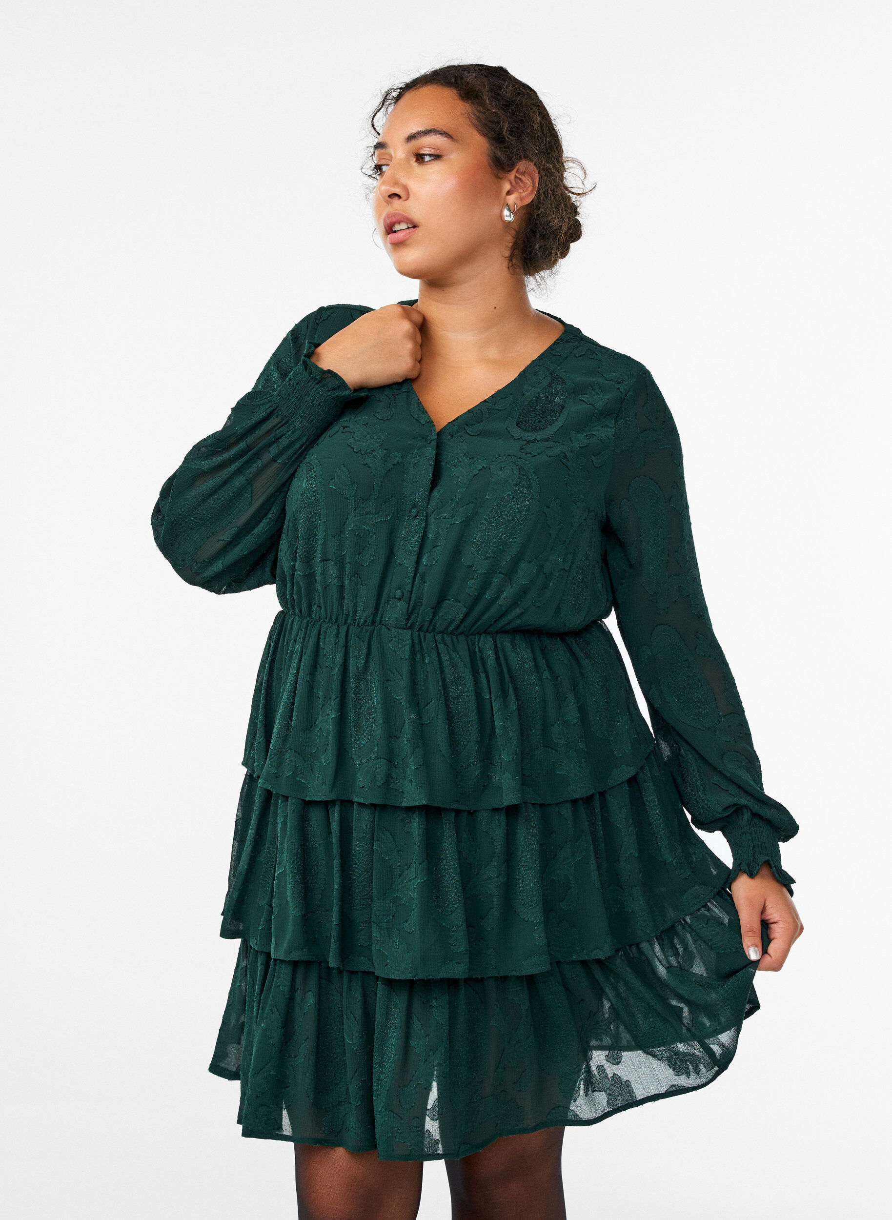 ZizziLyhyt mekko r&ouml;yhel&ouml;ill&auml; ja kuviopinnalla, Vihre&auml;, Model image number 0