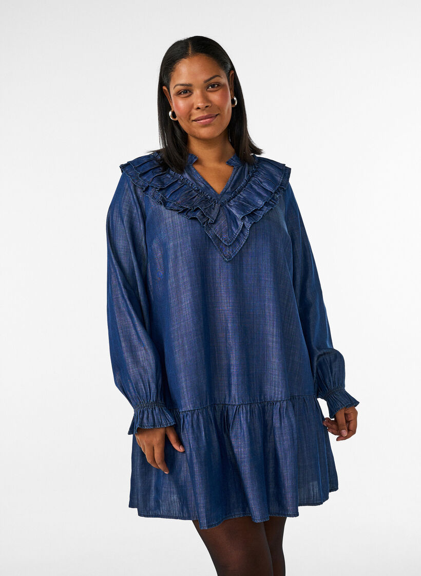 Lyhyt farkkulook-mekko r&ouml;yhel&ouml;ill&auml;, Sininen, Model image number 0