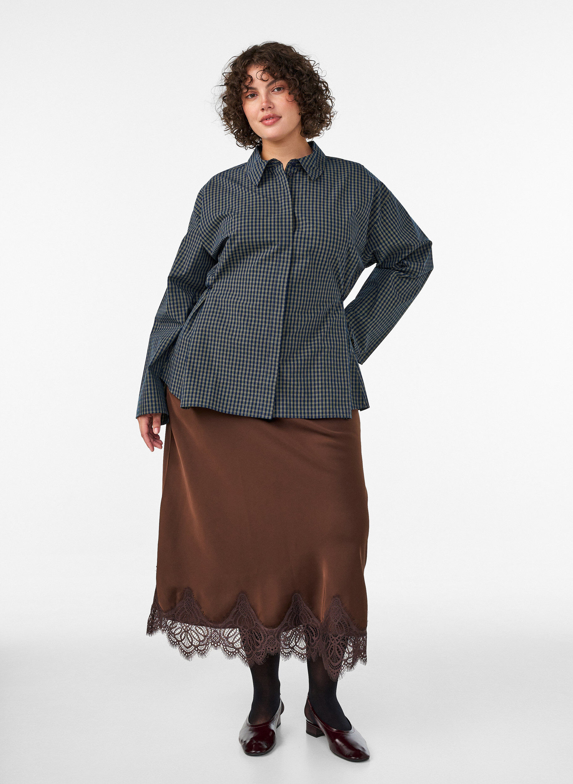 ZizziPuuvillapaita ruutukuosilla ja piilonappikiinnityksell&auml;, Sininen, Model image number 1