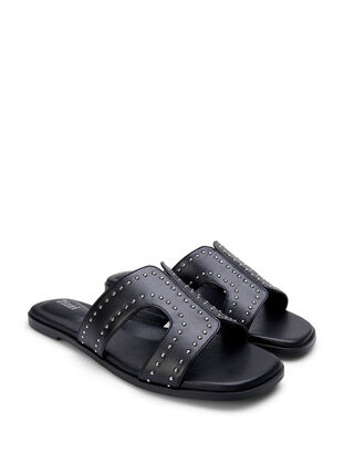 Matalat leveälestiset slip-on sandaalit niiteillä, Black, Packshot image number 1