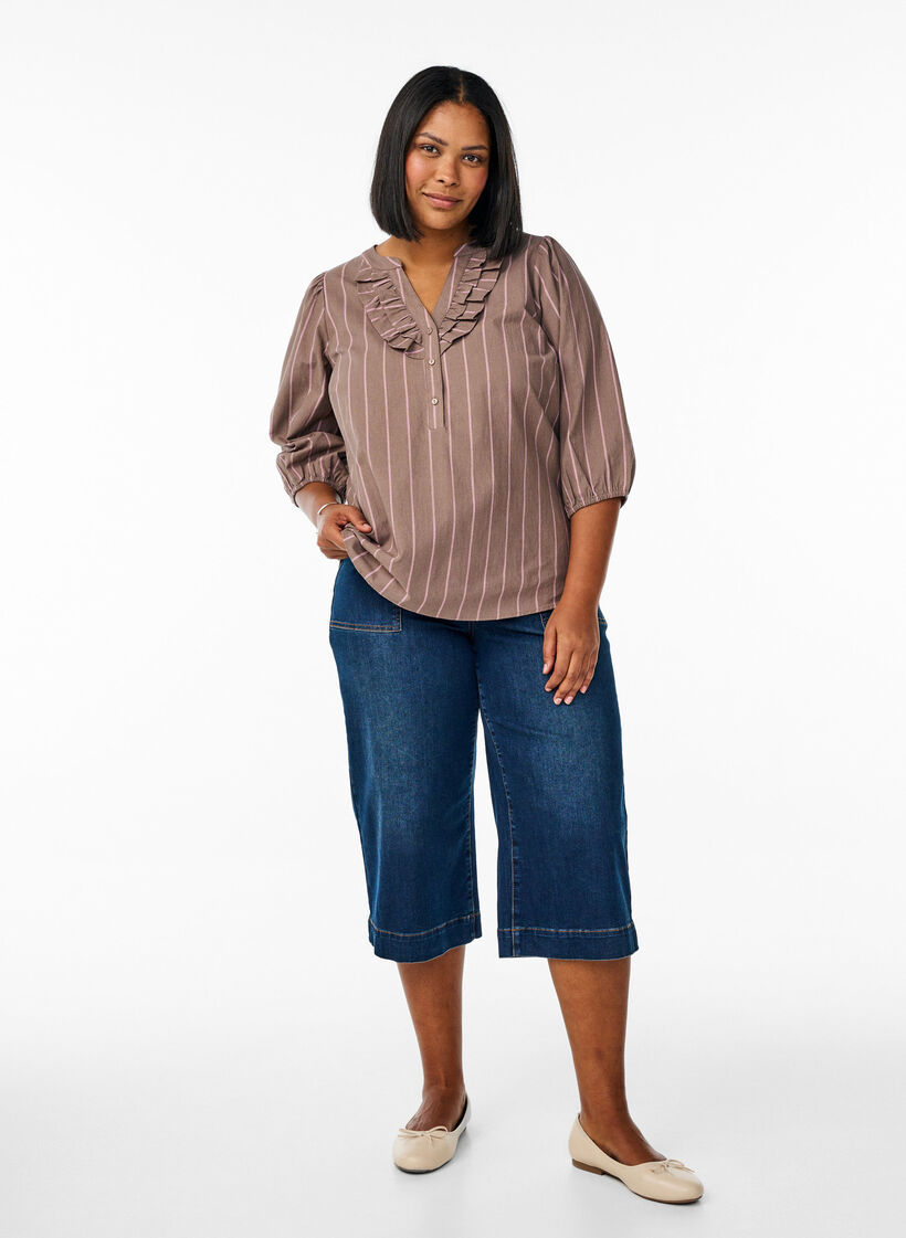 3/4-hihainen pusero puuvillasta raidoilla, Ruskea, Model image number 1