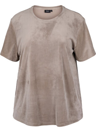 Lyhythihainen t-paita velour-kankaasta, Taupe Gray, Packshot image number 0
