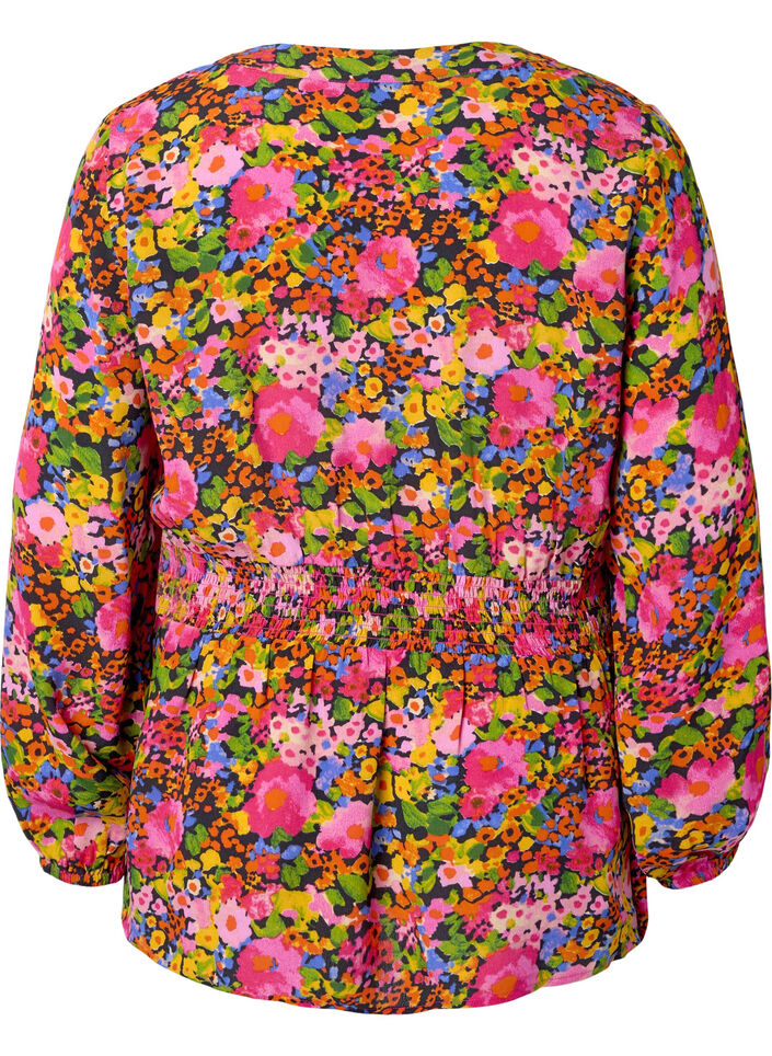 Viskoosipusero kukkakuosilla ja smokkirypytyksellä, Neon Flower Print, Packshot image number 1