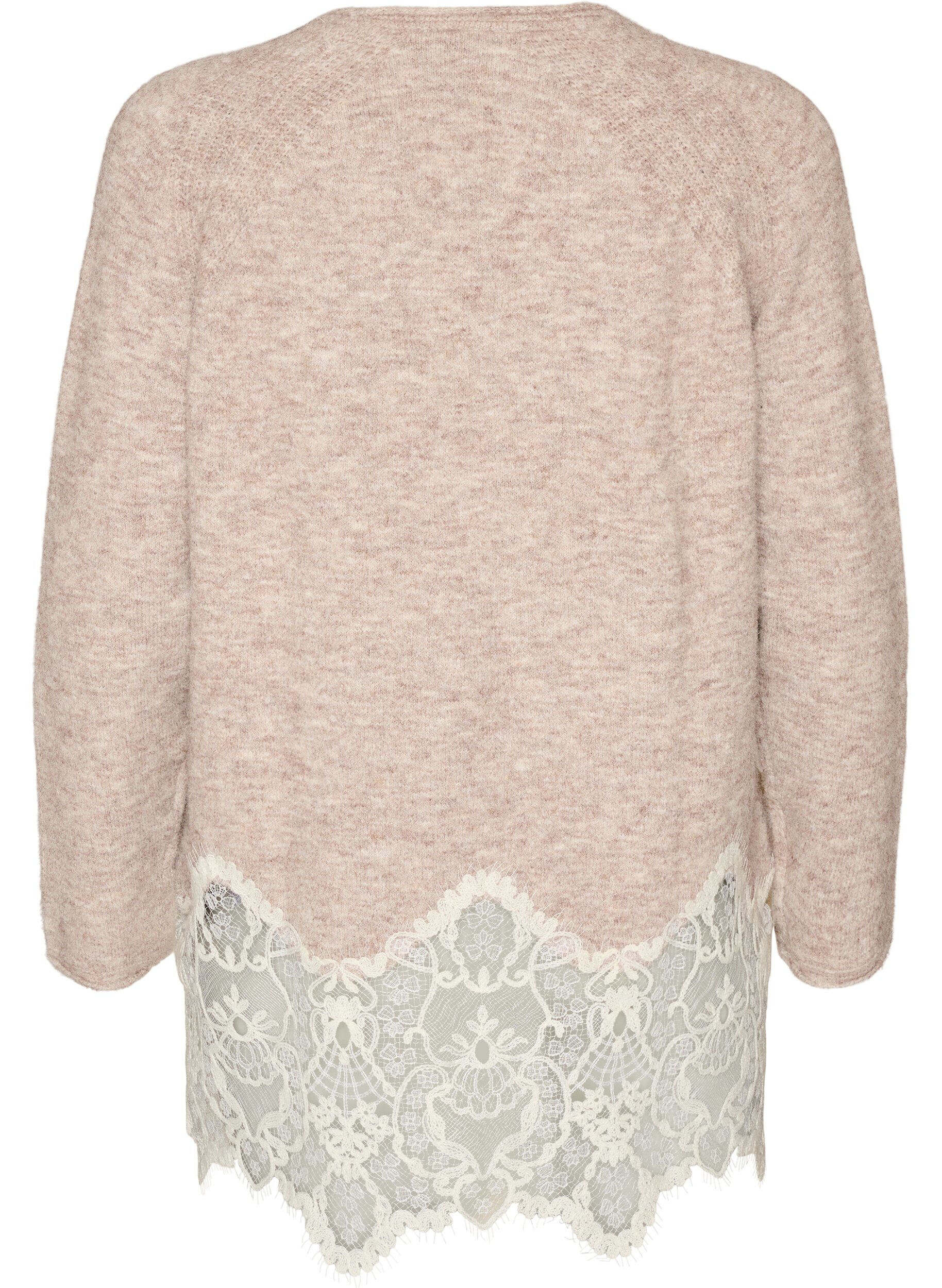 ZizziNeulottu pusero raglanhihoilla ja leve&auml;ll&auml; pitsireunuksella, Beige, Packshot image number 1