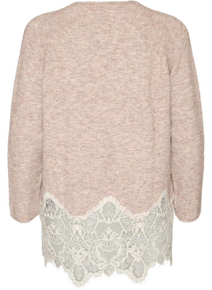Neulottu pusero raglanhihoilla ja leve&auml;ll&auml; pitsireunuksella, Beige, Packshot image number 1