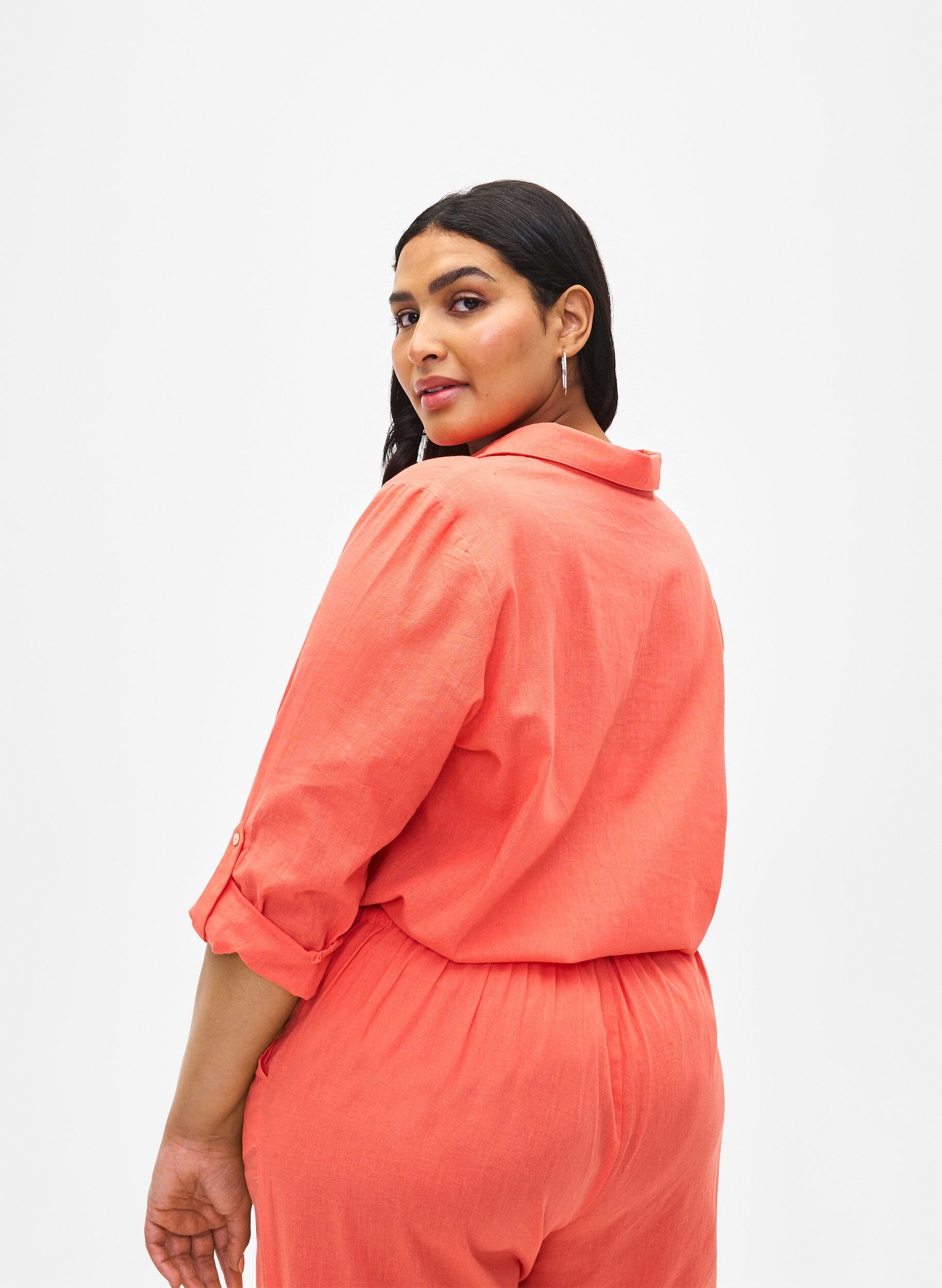 Zizzi Napillinen paitapusero puuvilla-pellavasekoitetta, Living Coral, Model image number 1