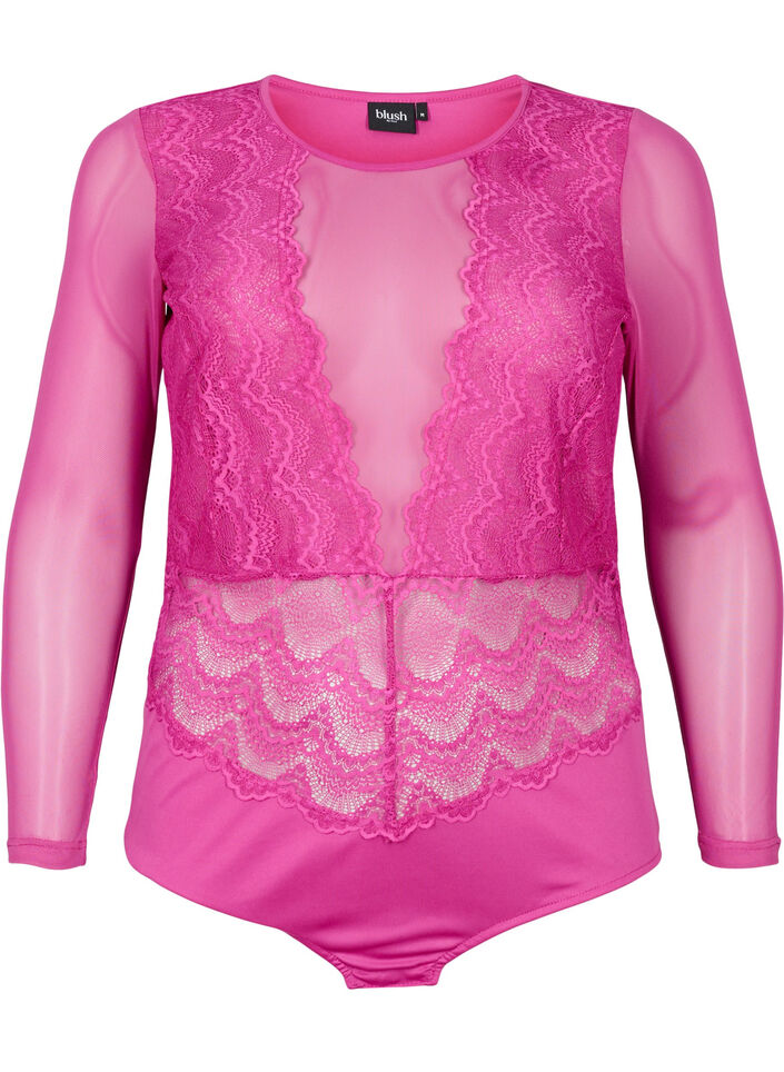 Verkkokankankainen body koristeellisella pitsillä, Fuchsia Red, Packshot image number 0
