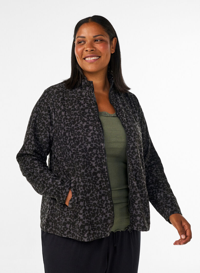 Fleece-takki leopardikuosilla ja korkealla kauluksella, Musta, Model image number 0