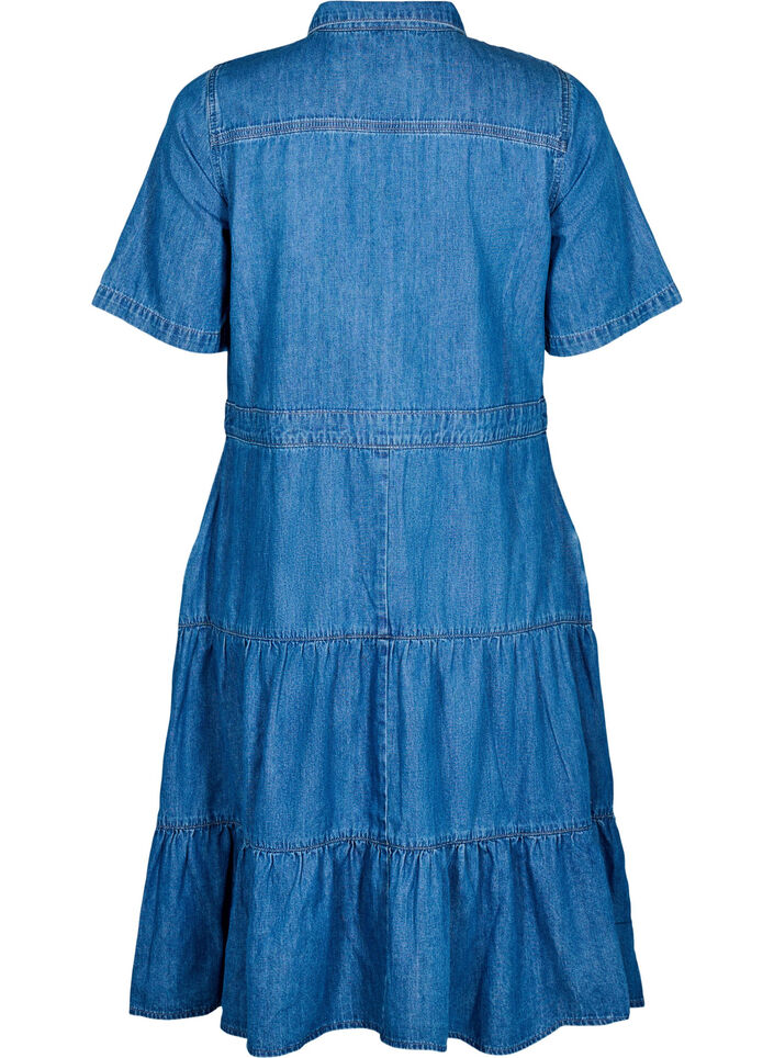 Midimittainen denimmekko napeilla ja lyhyill&auml; hihoilla, Sininen, Packshot image number 1