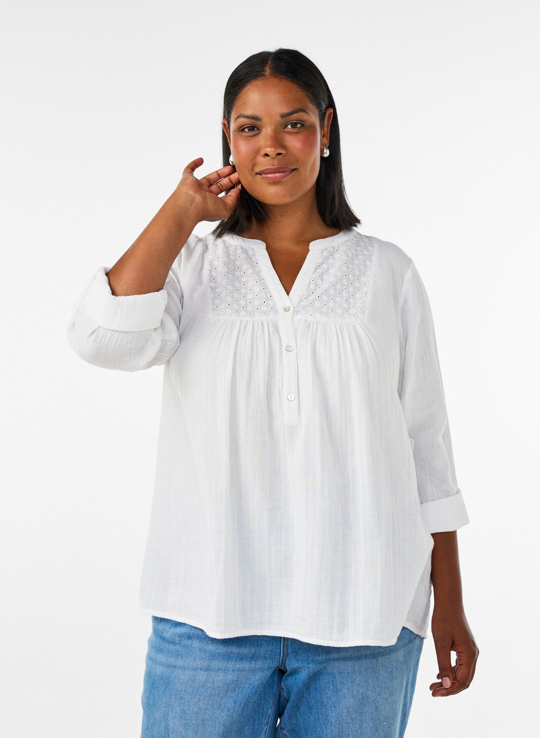 ZizziPaita puuvillamusliinissa, jossa broderie anglaise -kirjailu, Valkoinen, Model image number 0