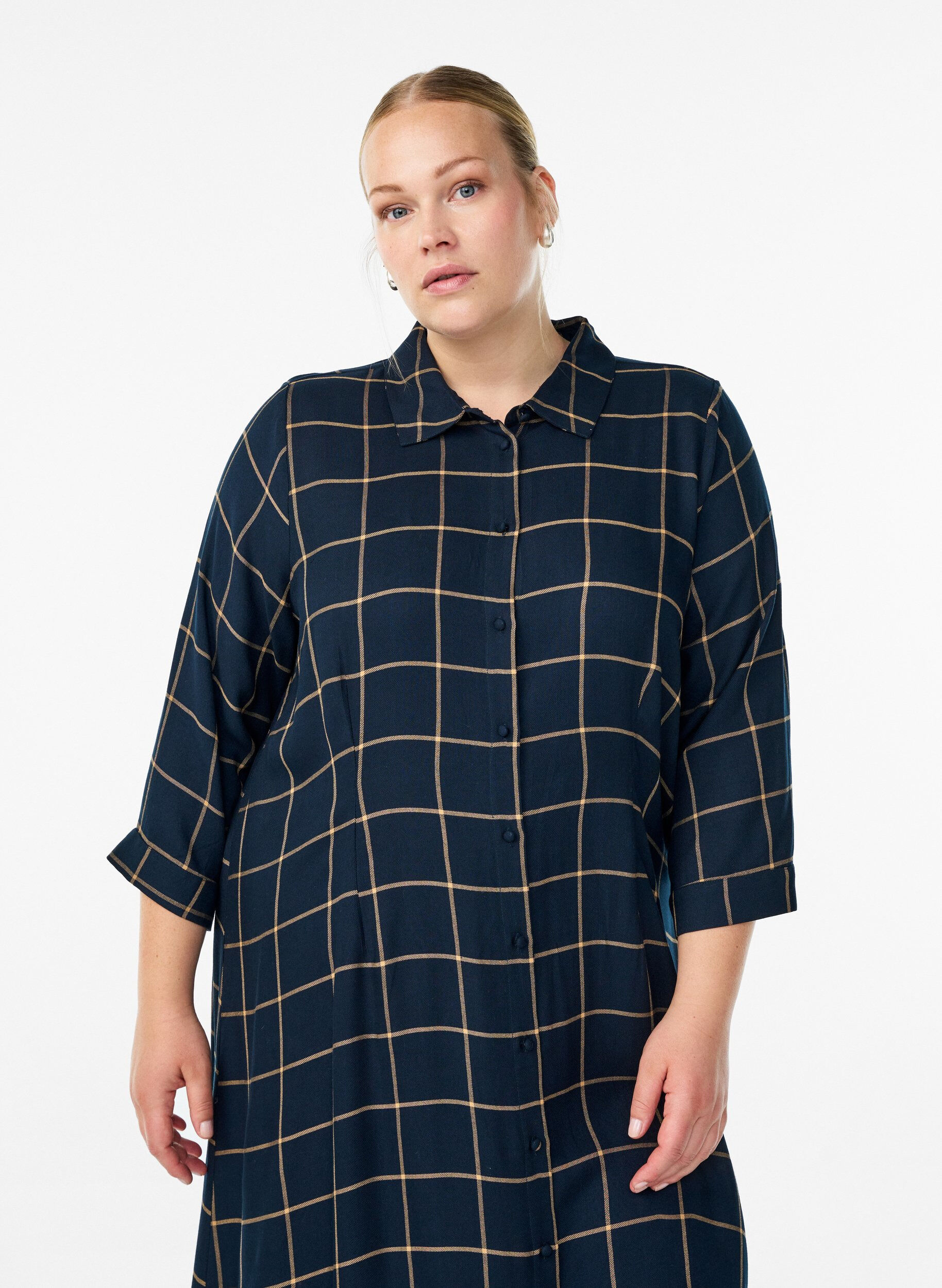 Zizzi Pitk&auml; ruudullinen paitamekko, Sininen, Model image number 2