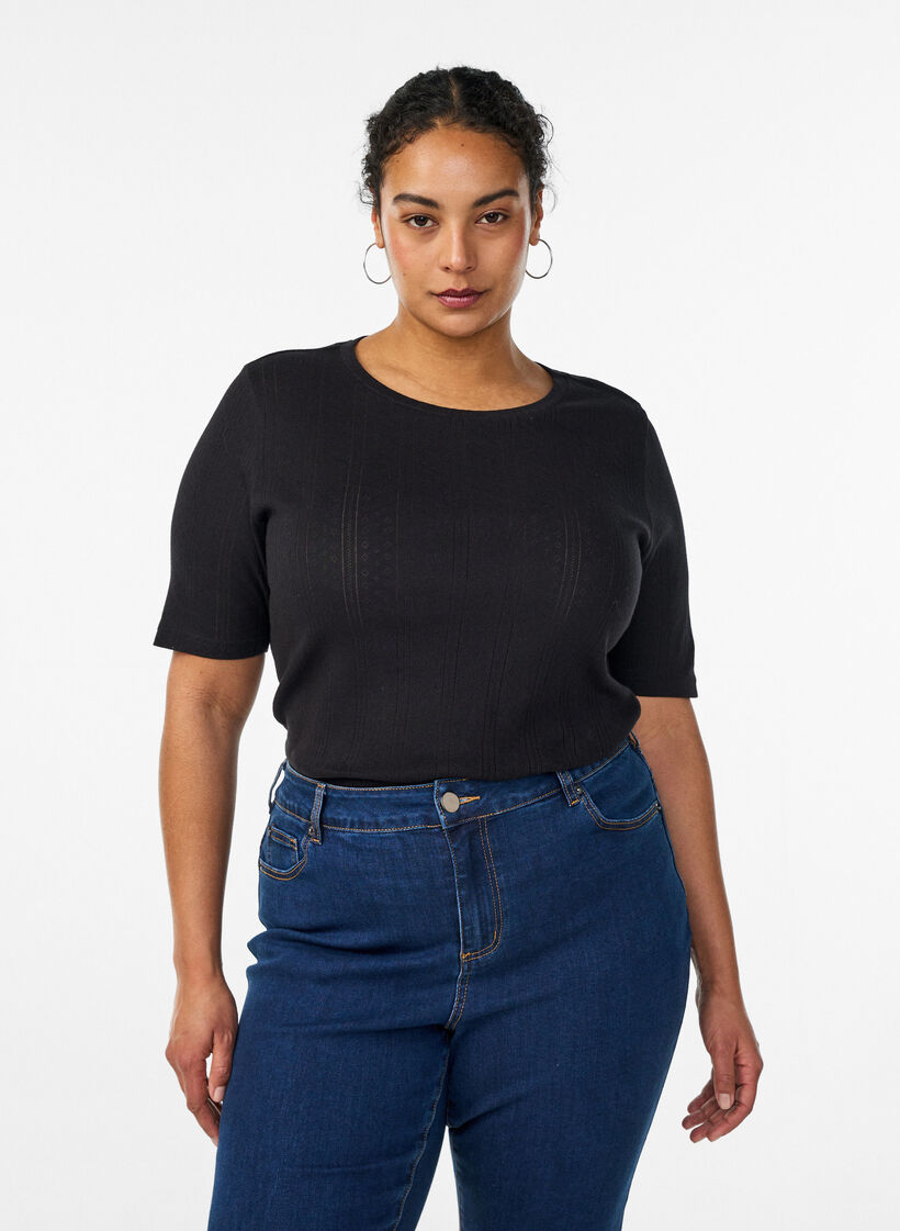 Puuvillainen T-paita reik&auml;kirjonnalla, Musta, Model image number 0