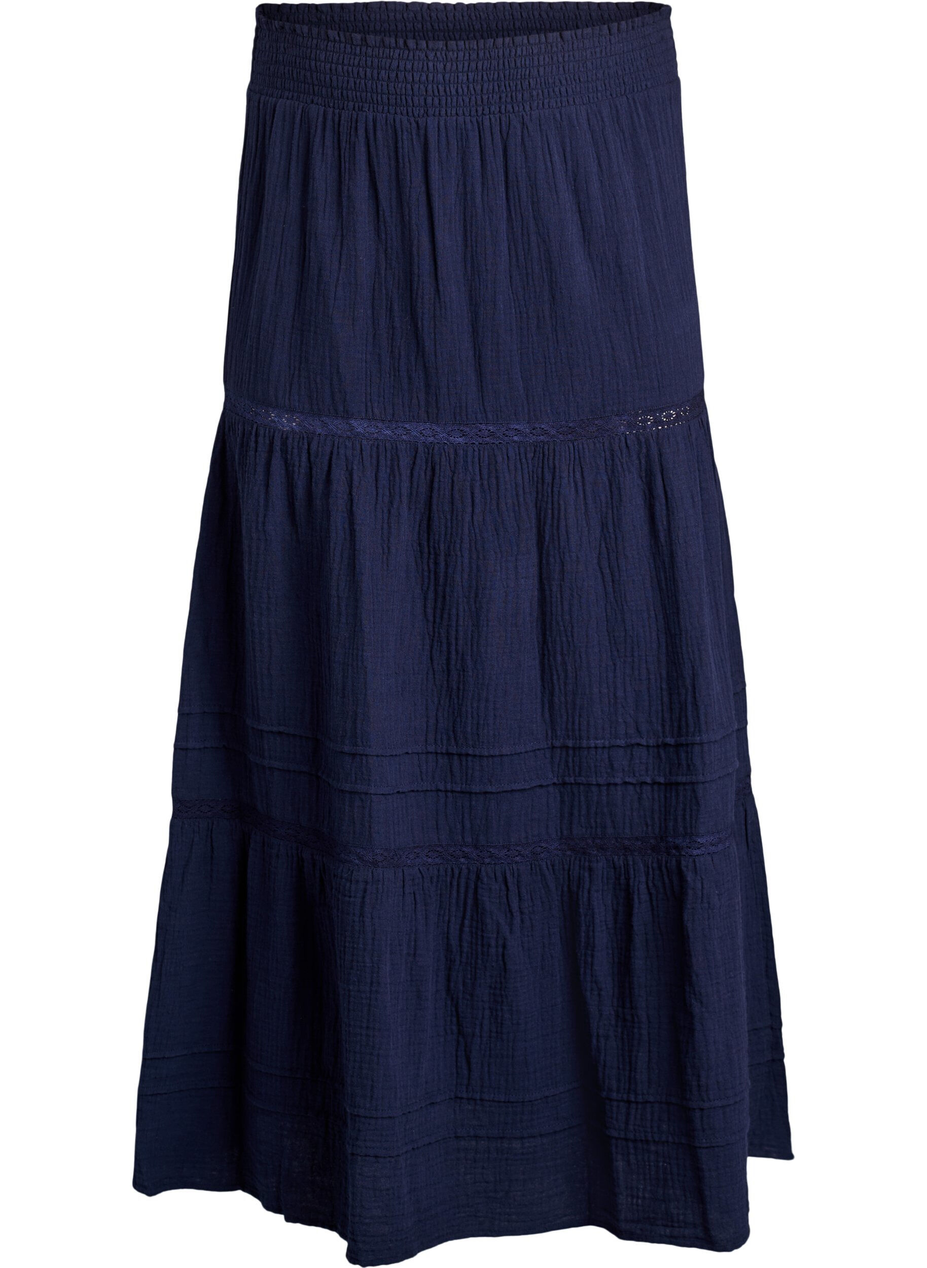 ZizziA-linjainen midihame puuvillamusliinista virkkausnauhalla, Sininen, Packshot image number 0