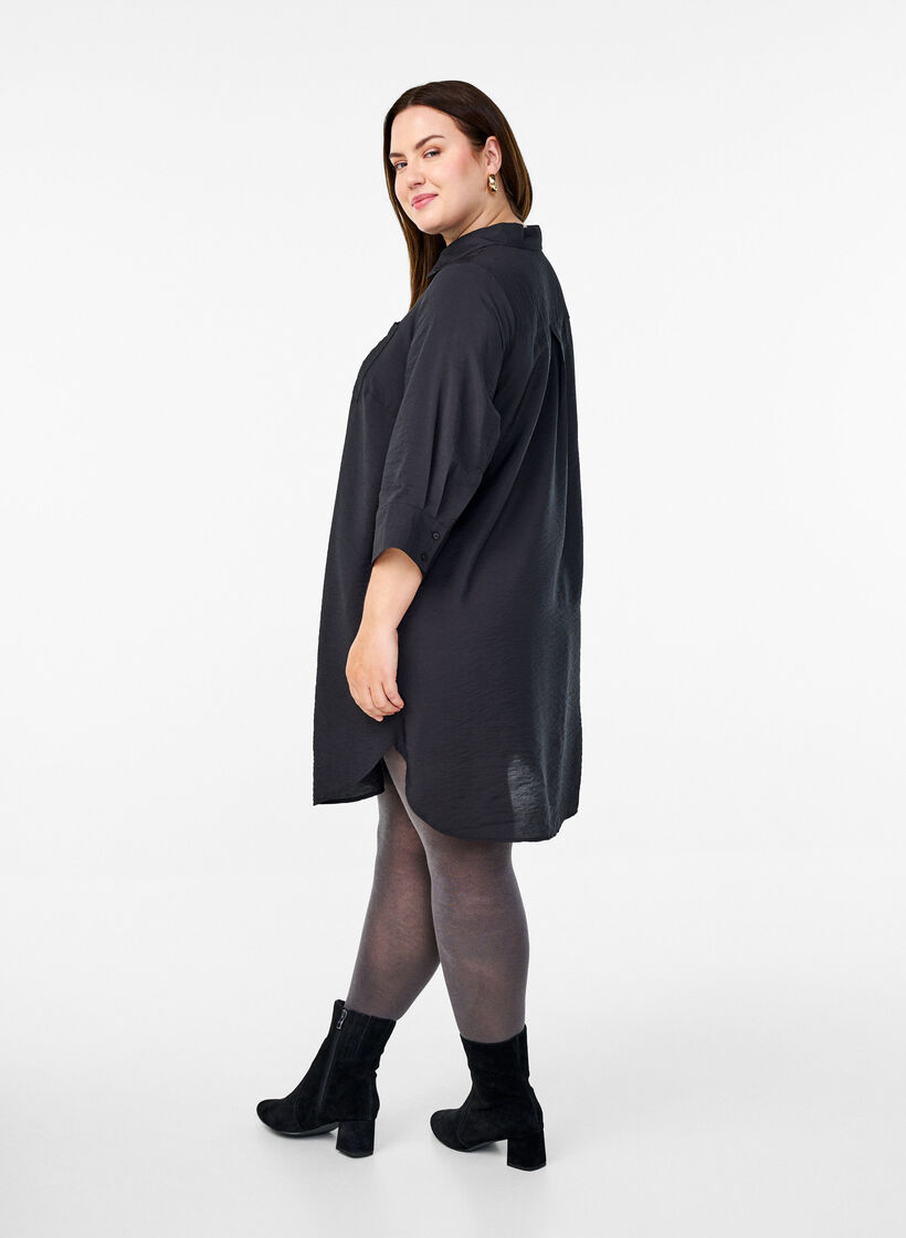 Lyhyt mekko kauluksella ja rintataskulla, Musta, Model image number 2