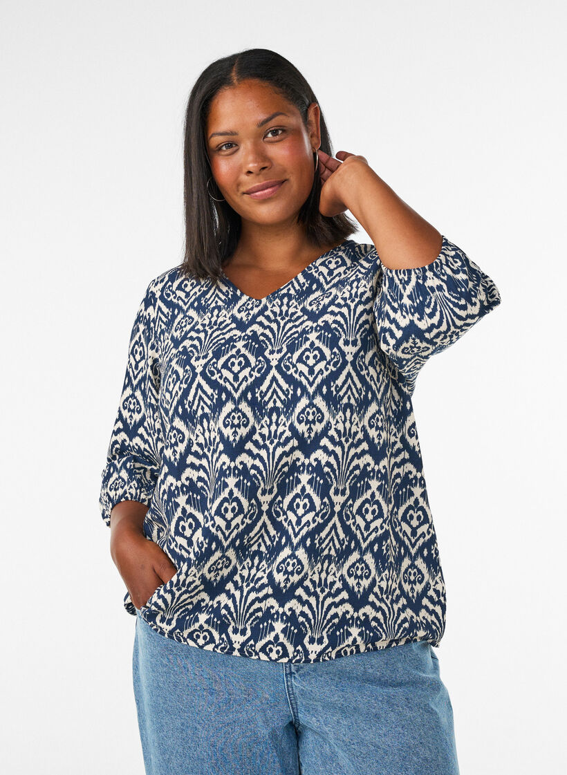 Kuviollinen viskoosipusero 3/4-hihoilla, Sininen, Model image number 0
