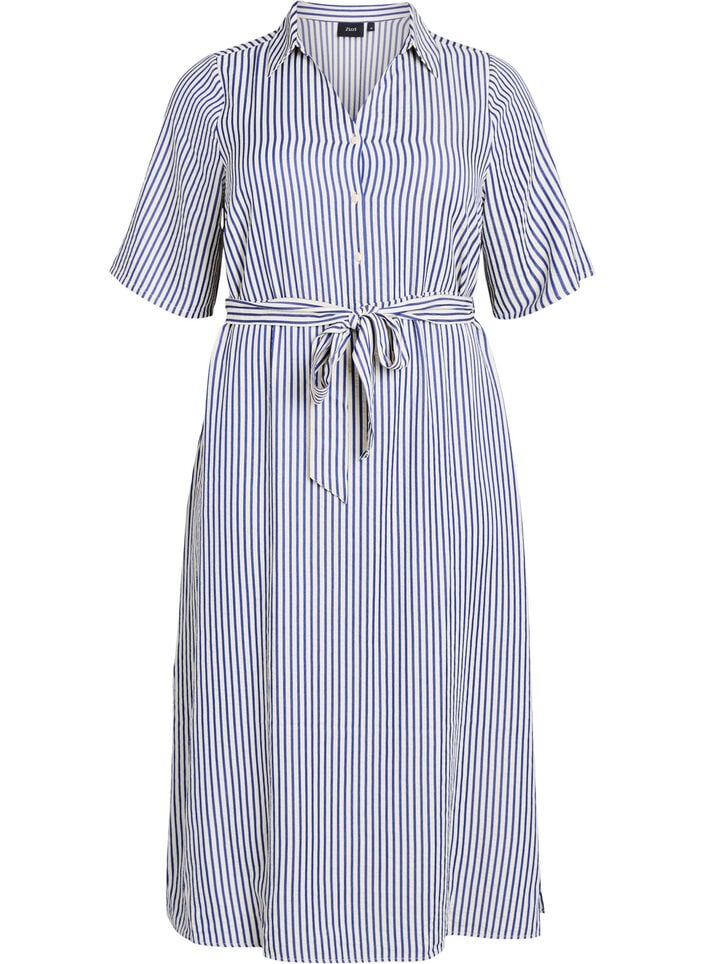 Nilkkapituinen paitamekko, jossa solmittava vy&ouml; ja raitoja, Sininen, Packshot image number 0