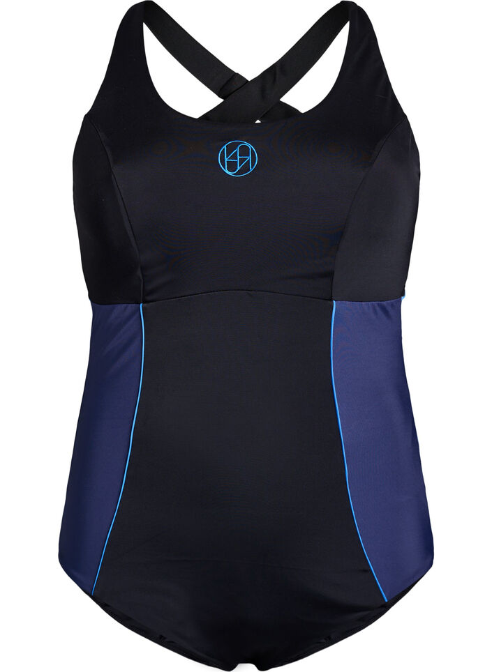 Urheilu-uimapuku ristikkäisillä olkaimilla, Musta, Packshot image number 0