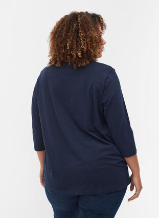 Yksivärinen ja puuvillainen t-paita 3/4-hihoilla, Navy Blazer, Model image number 1