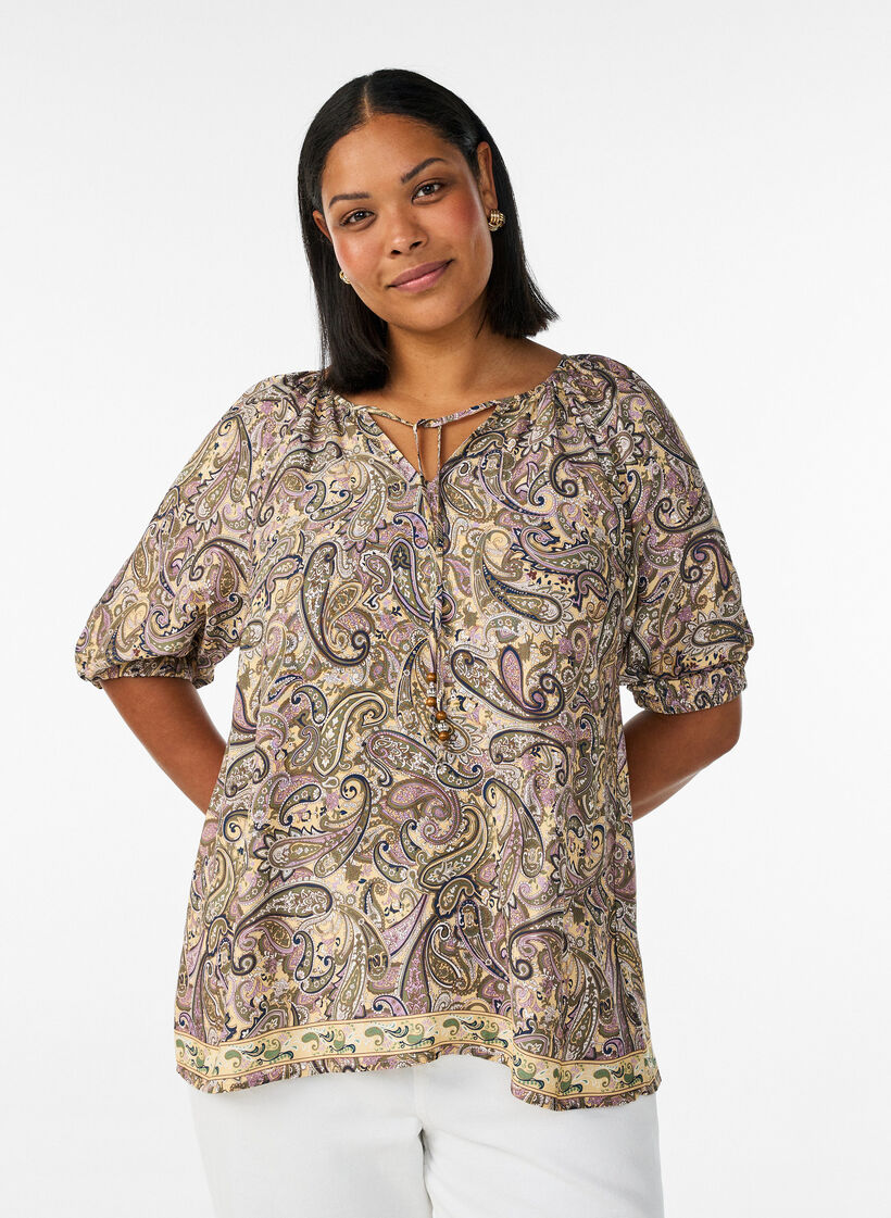 Paisley-kuvioinen viskoosipusero ny&ouml;rill&auml;, Keltainen, Model image number 0