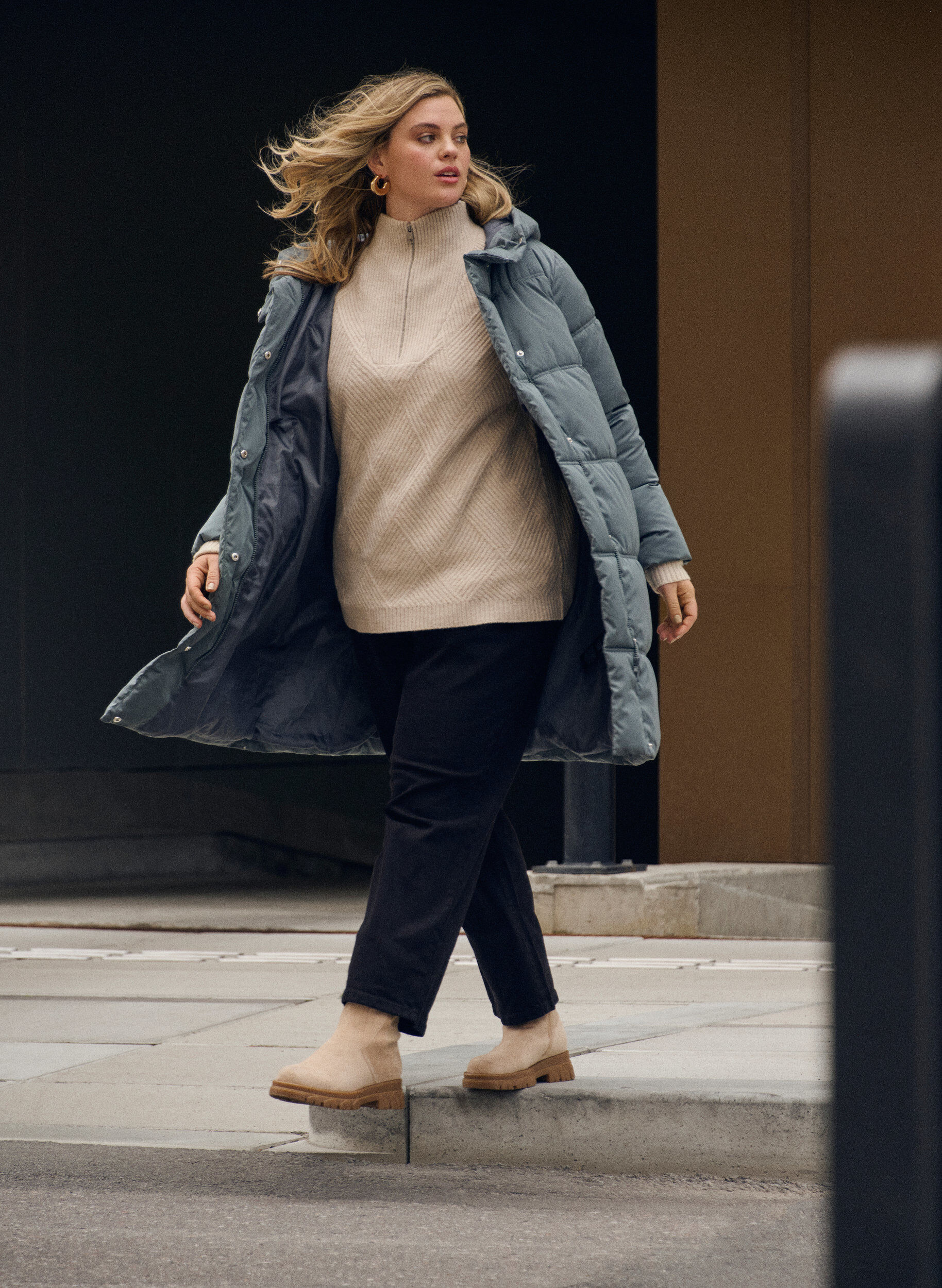 Zizzi Pitk&auml; hupullinen toppatakki, Sininen, Image image number 0