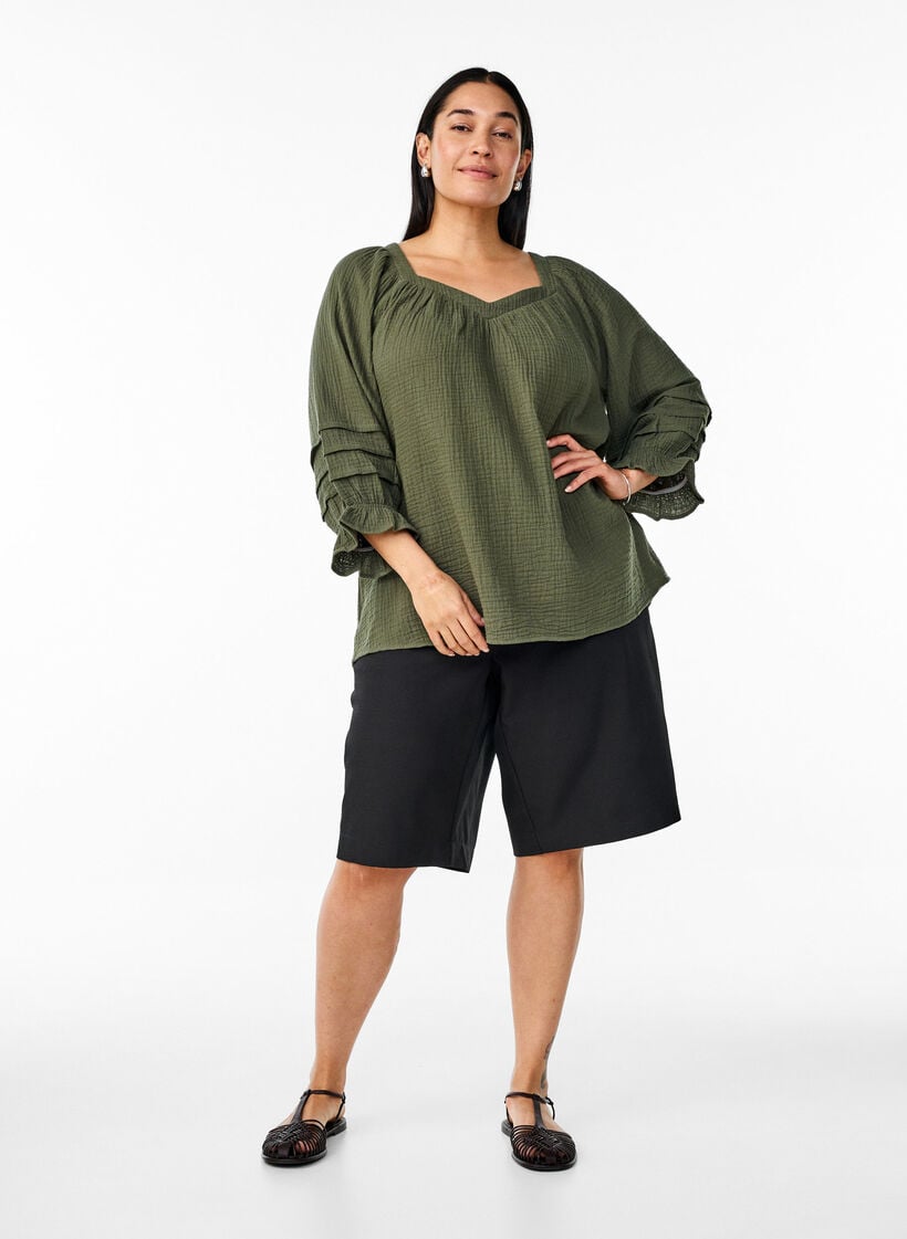 Puuvillainen musliinipusero, jossa on 3/4-hihat, Thyme, Model image number 2