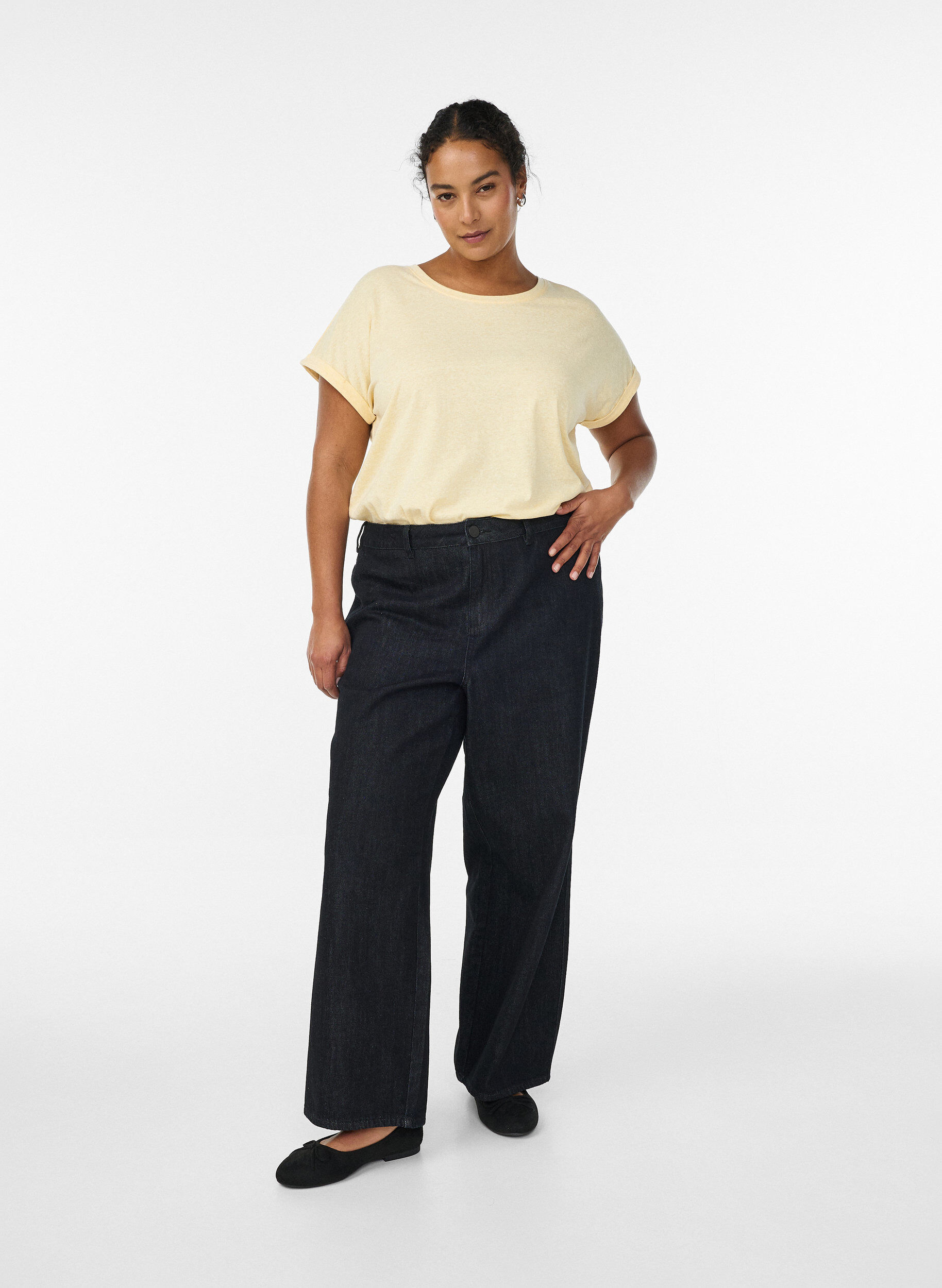 Zizzi Meleerattu t-paita lyhyill&auml; hihoilla, Keltainen, Model image number 1