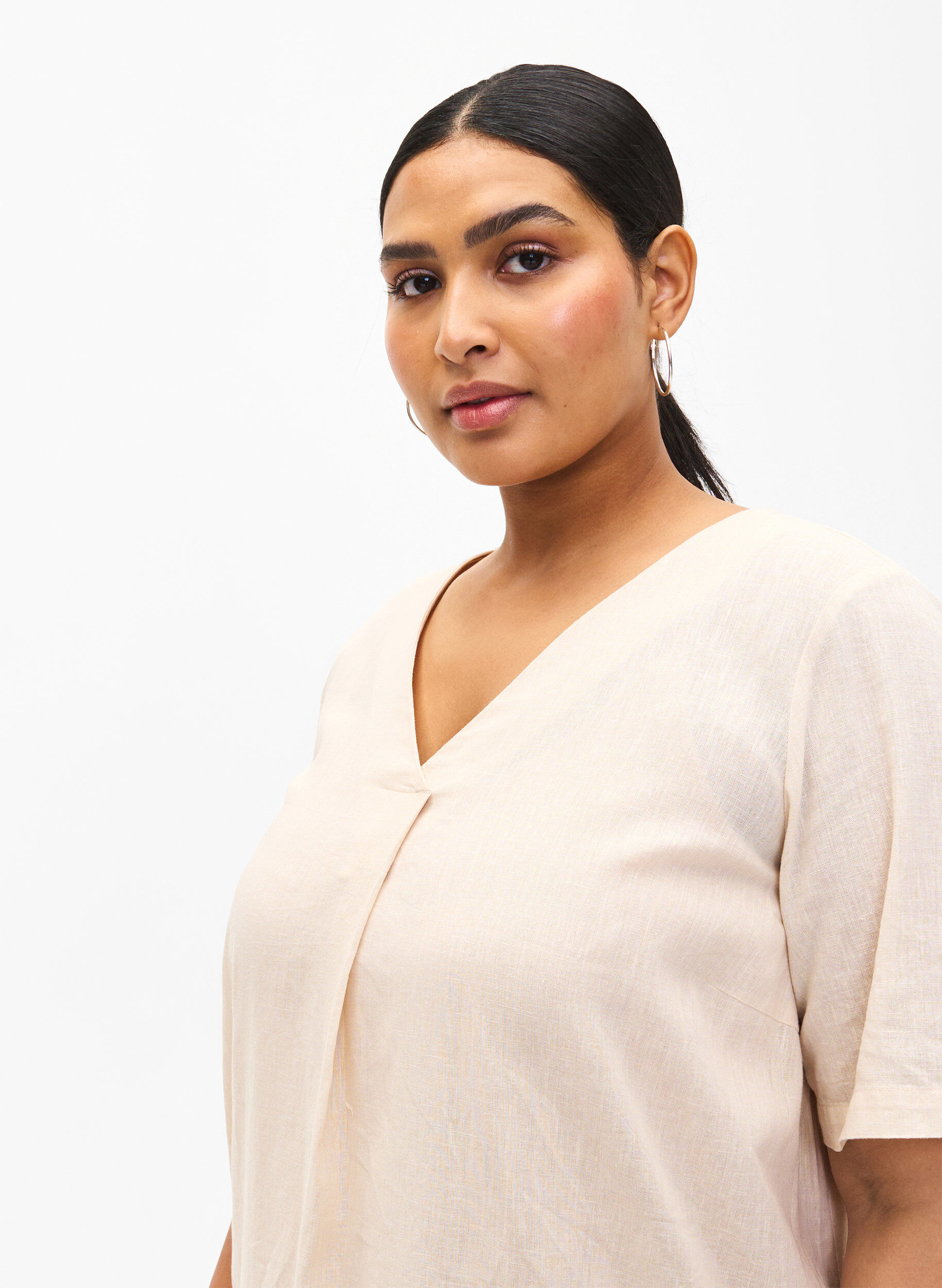 Zizzi Kaftaanimekko puuvillan ja pellavan sekoitteesta, Beige, Model image number 3