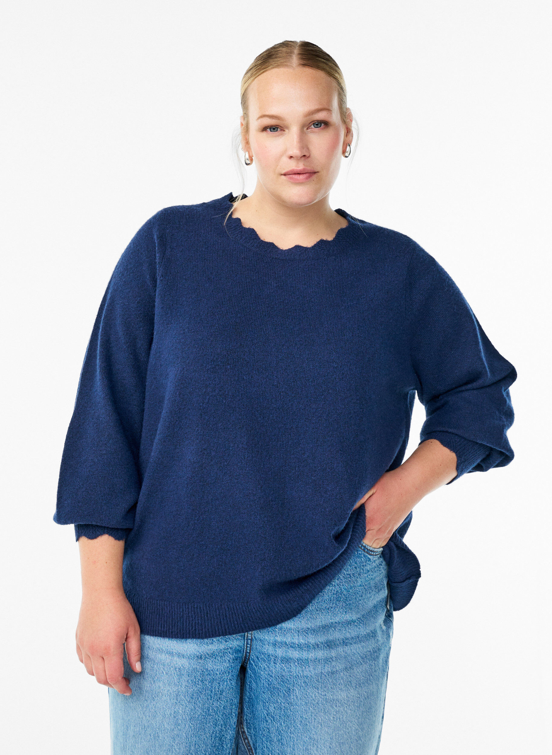ZizziAaltoilevareunainen neulepusero, Sininen, Model image number 0