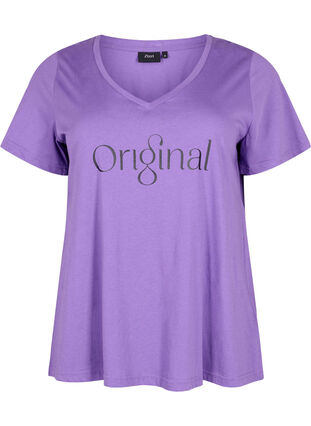 Puuvillainen t-paita tekstiprintillä ja v-pääntiellä, Deep Lavender ORI, Packshot image number 0
