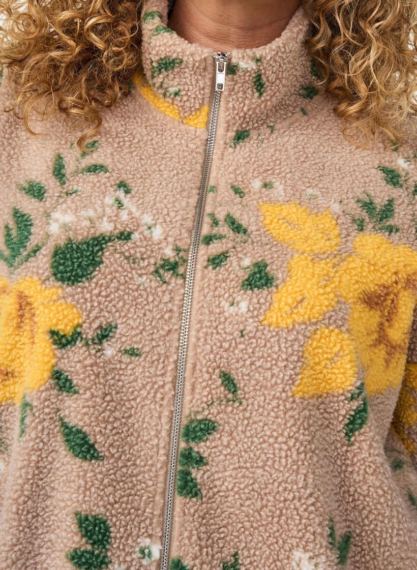 Kukkafleecetakki korkealla kauluksella ja vetoketjulla, Beige, Model image number 3