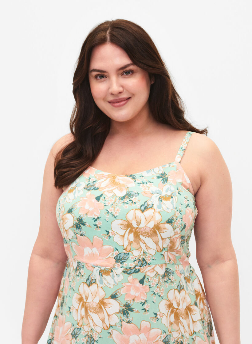 Kukallinen viskoosimekko naruolkaimilla ja smokkirypytyksellä, Green Flower, Model image number 2