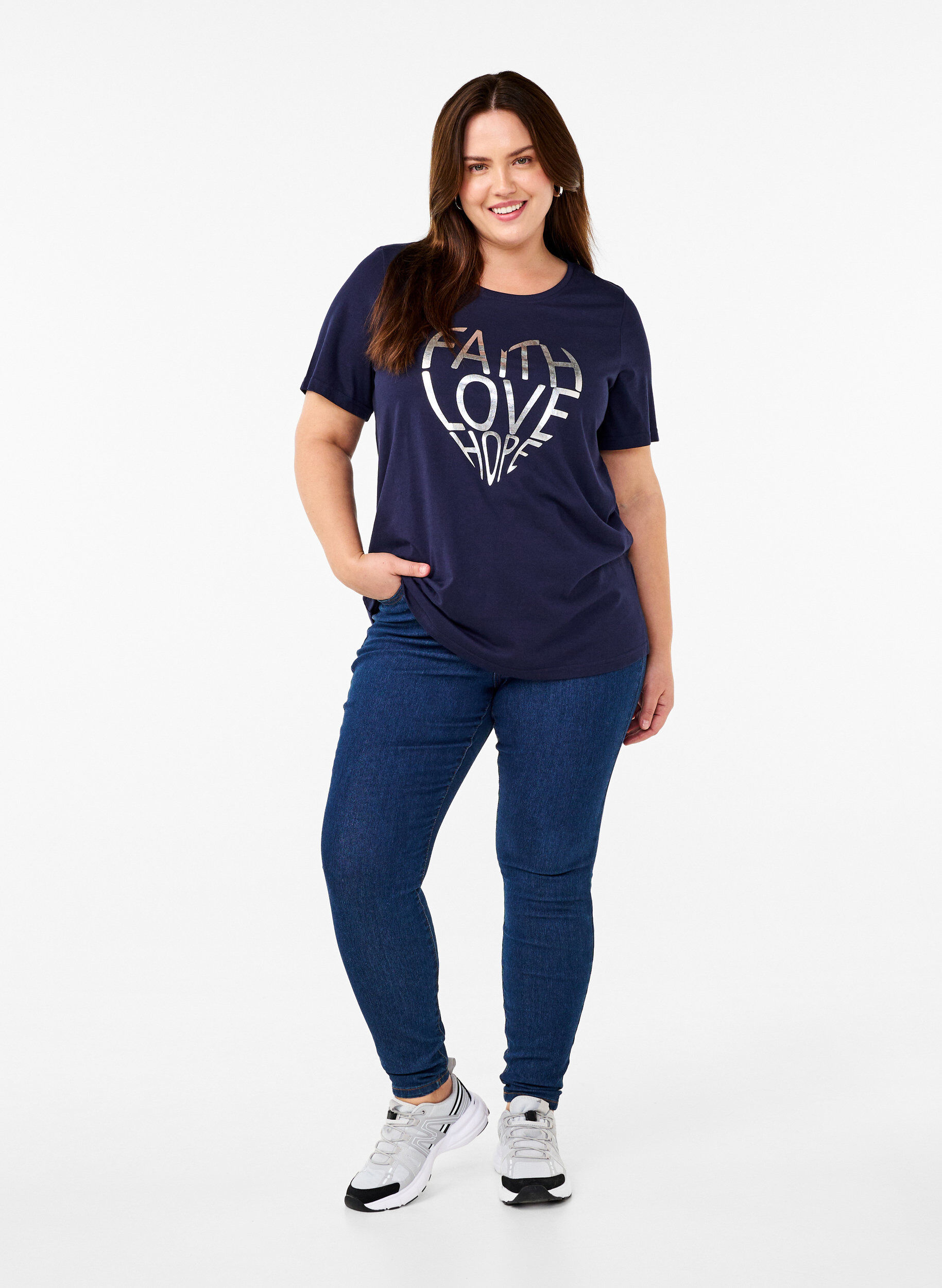 Zizzi FLASH &ndash; kuviollinen t-paita, Navy B. Silver Faith, Model image number 2