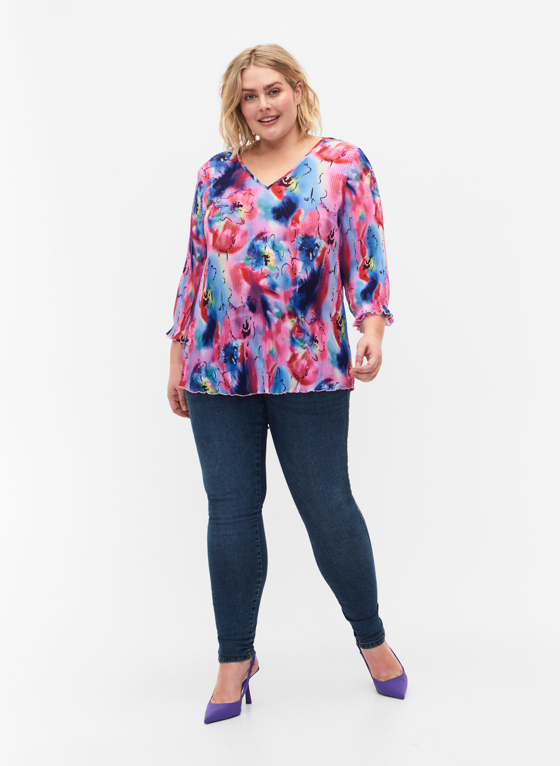 Zizzi Pliseerattu pusero 3/4-hihoilla, Lavender Space AOP, Model image number 2