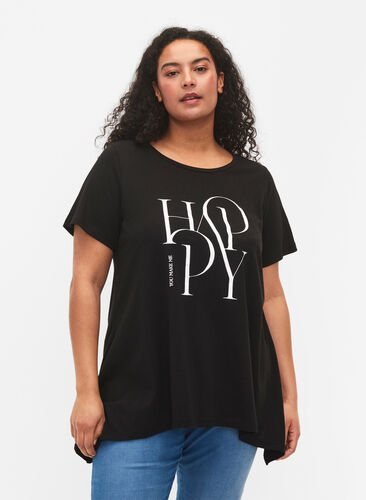Puuvillainen t-paita tekstipainatuksella, Black HAPPY, Model image number 0