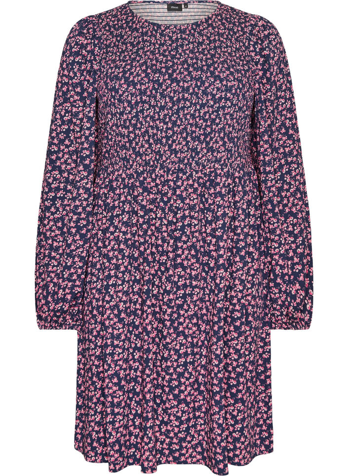 Mekko kuminauhallisella yl&auml;osalla ja pienikukkaisella kuosilla, Sininen, Packshot image number 0