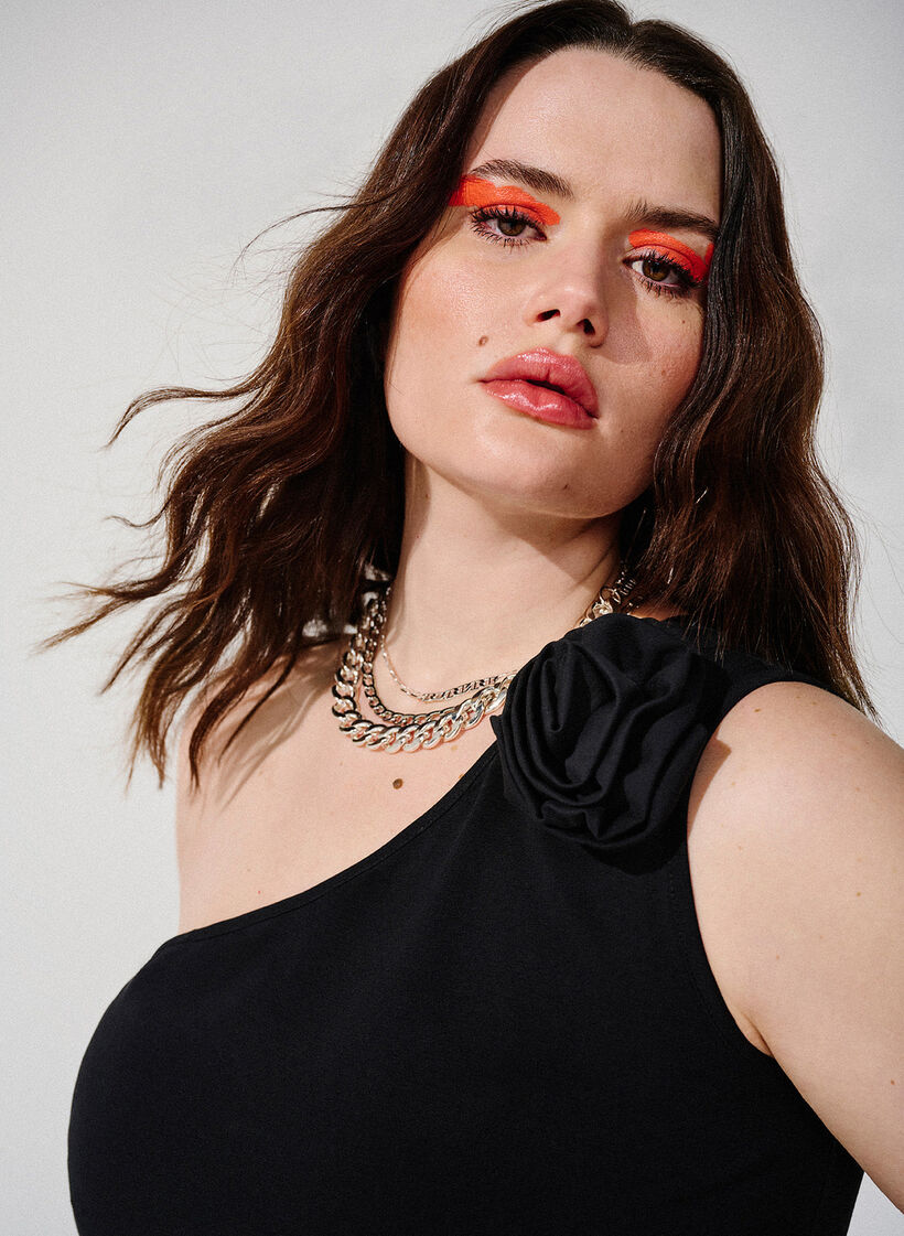 Yläosa, jossa on yhden olkapään malli ja ruusukoriste, Black, Image image number 0