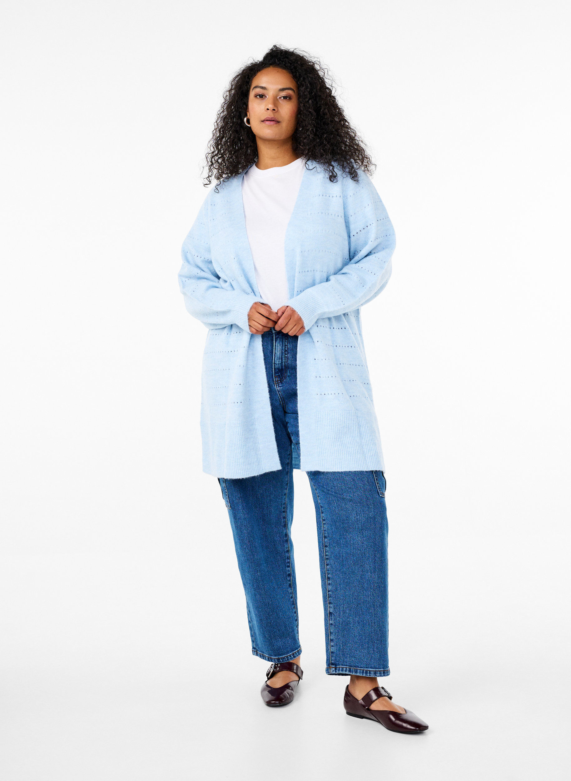 Zizzi Pitk&auml; neuletakki pitsikuviolla, Cashmere Blue Mel., Model image number 2