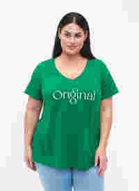 Puuvillainen t-paita tekstiprintillä ja v-pääntiellä, Jolly Green ORI, Model
