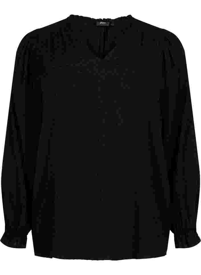 Pitkähihainen pusero smokkirypytyksellä ja röyhelöllä, Black, Packshot image number 0