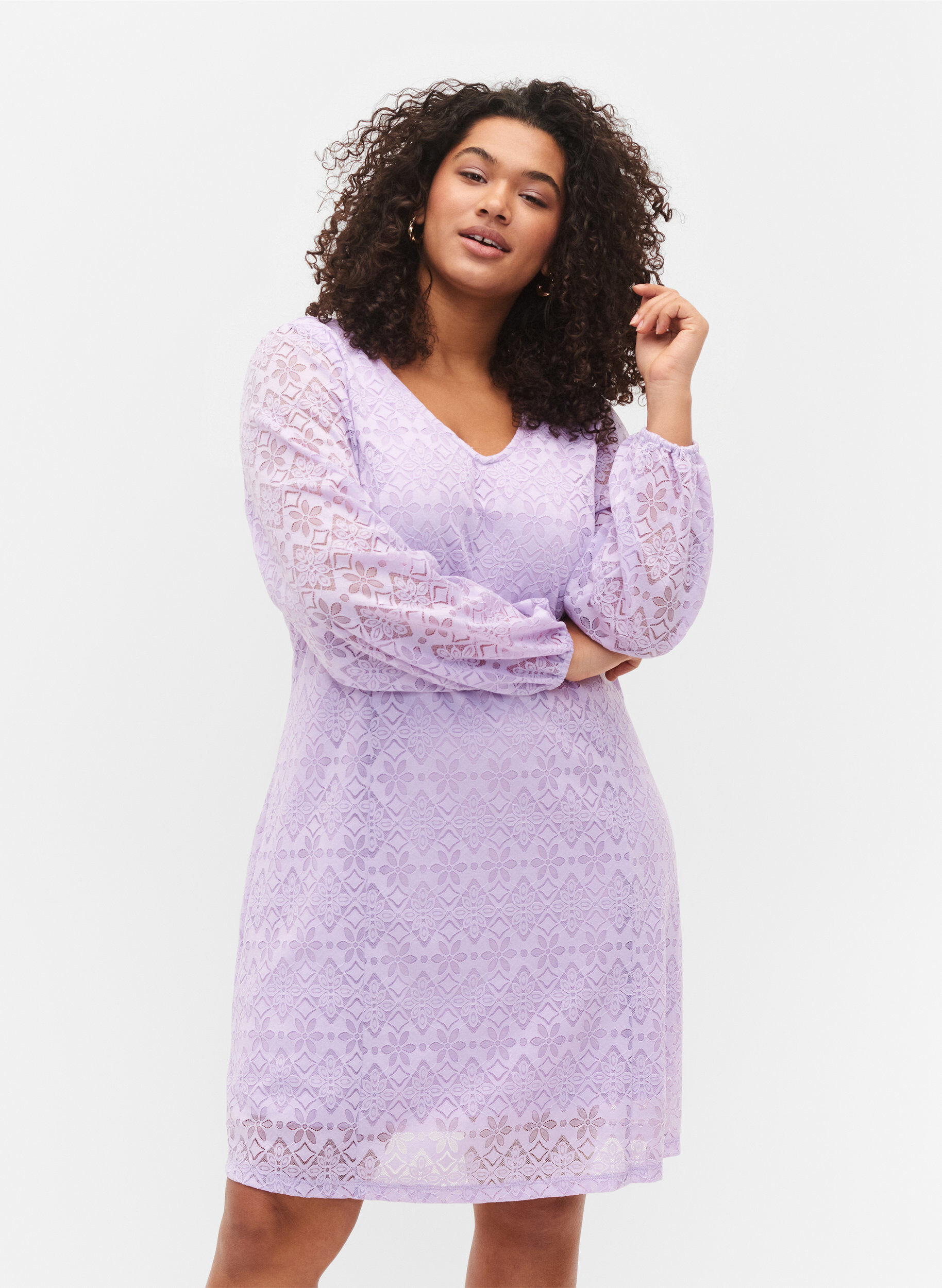 ZizziPitk&auml;hihainen pitsimekko v-p&auml;&auml;ntiell&auml;, Pastel Lilac, Model image number 0