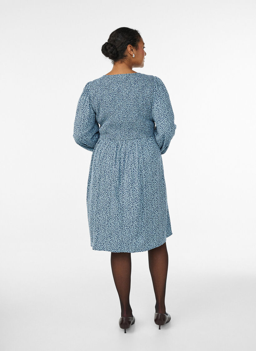 Mekko kuminauhallisella yl&auml;osalla ja pienikukkaisella kuosilla, Sininen, Model image number 2